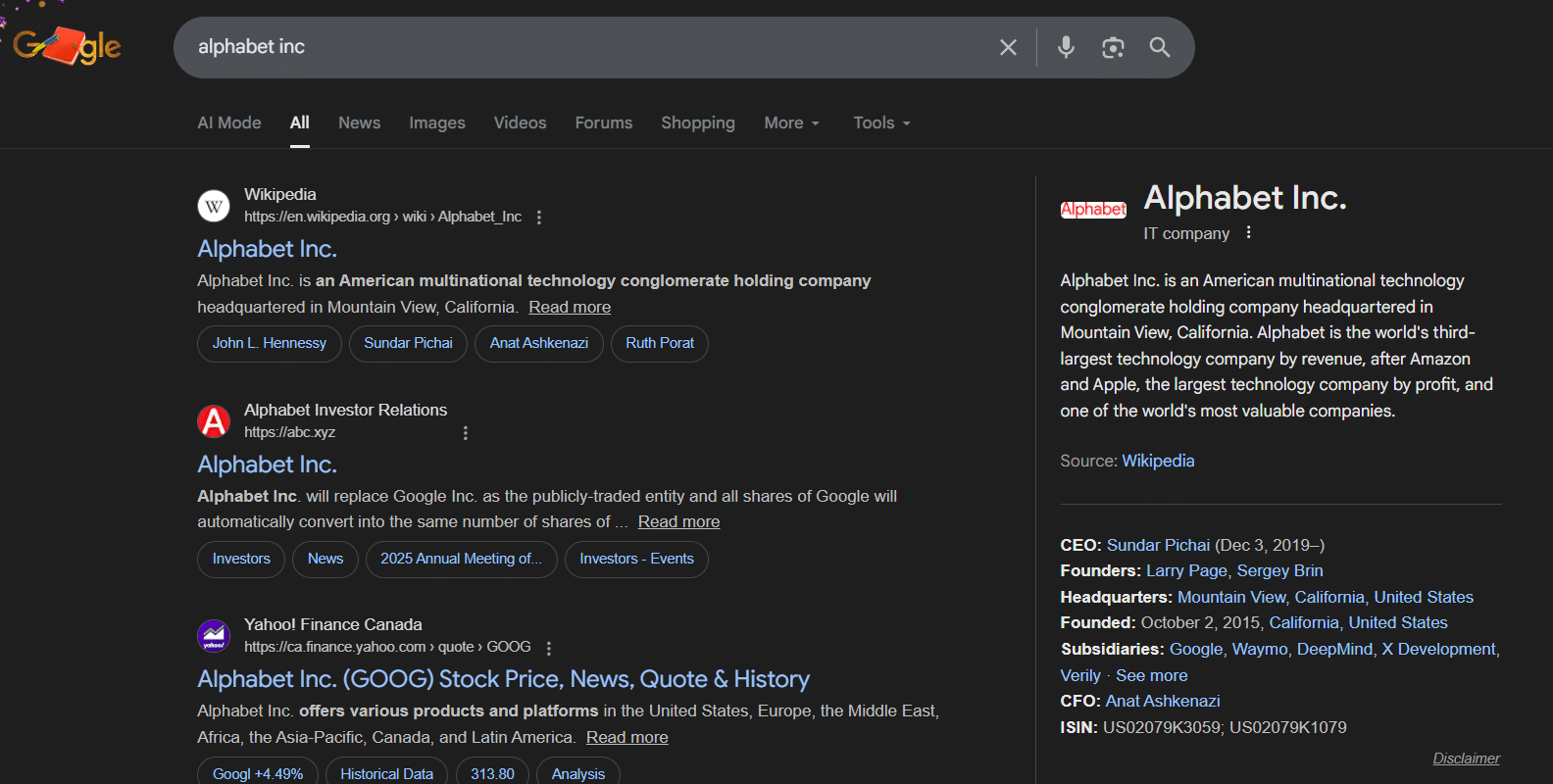 An image of the Google search results showing the knowledge panel for Alphabet Inc.