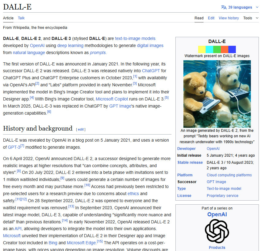 A screenshot of the DALL-E Wikipedia page