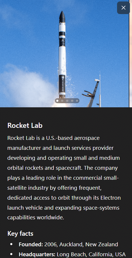 A screenshot of the Rocket Lab Entity Panel in ChatGPT