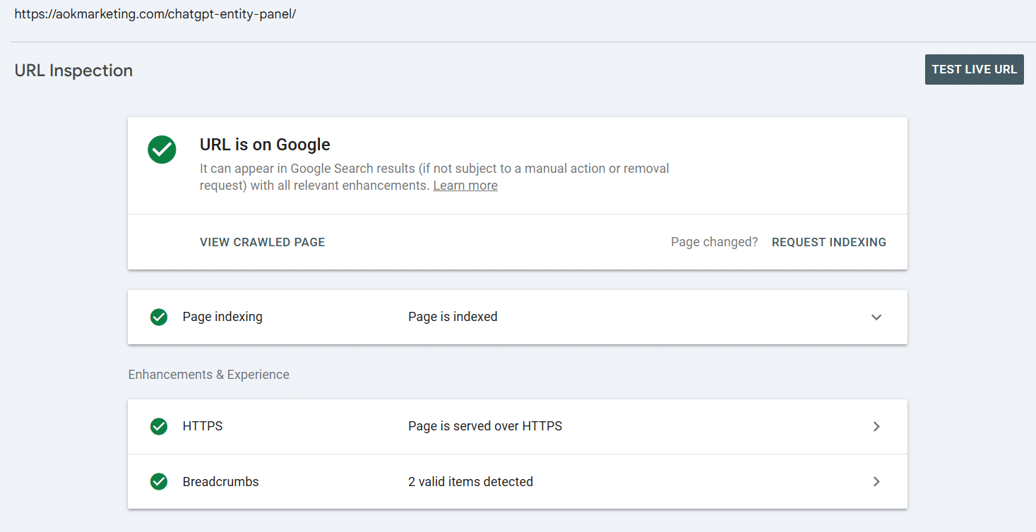 An image of a Search Console report showing the ChatGPT Entity Panel page being indexed