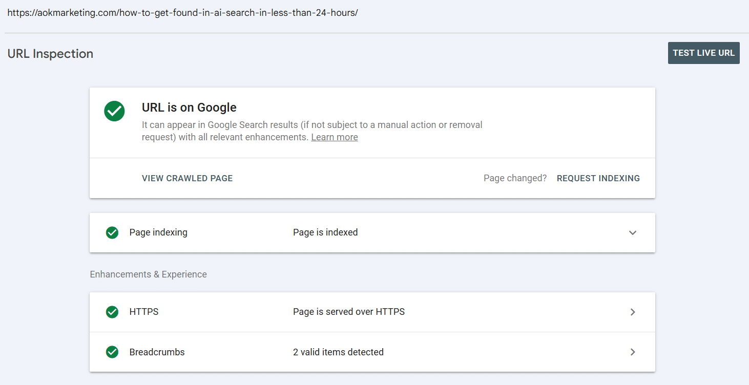 An image from Google Search Console showing the page how to get found by AI in 24 hours was indexed