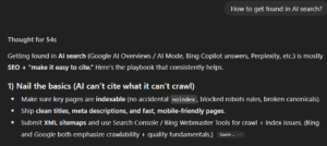 An image of the ChatGPT interface showing a response to how to get found in AI search