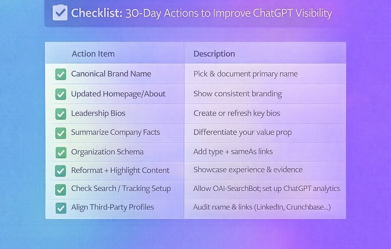 ChatGPT visibility checklist showing steps to improve AI discovery