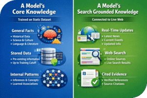 An image of an AI model's core training knowledge and its search grounded knowledge.