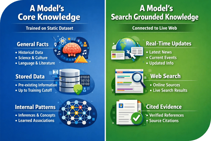 An image of an AI model's core training knowledge and its search grounded knowledge.