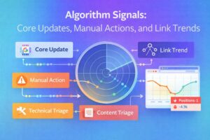 Algorithm signals showing core updates, manual actions, and link trend analysis