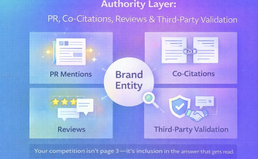 Authority layer showing PR, co-citations, reviews, and third-party validation signals