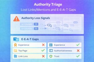 Authority triage showing lost links, missing mentions, and E-E-A-T signals
