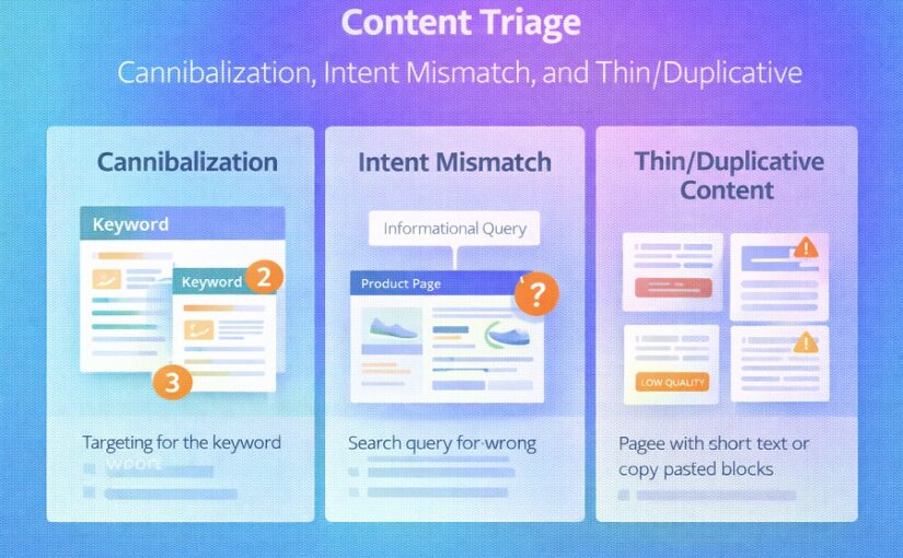 Content triage showing which pages need updates, consolidation, or removal