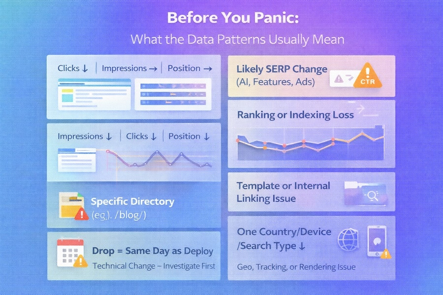 Traffic drop recovery showing steps to identify ranking, SERP, and technical issues