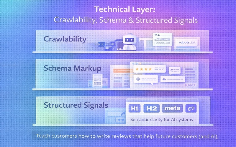 Technical layer showing crawlability, schema, and structured signals for AI search