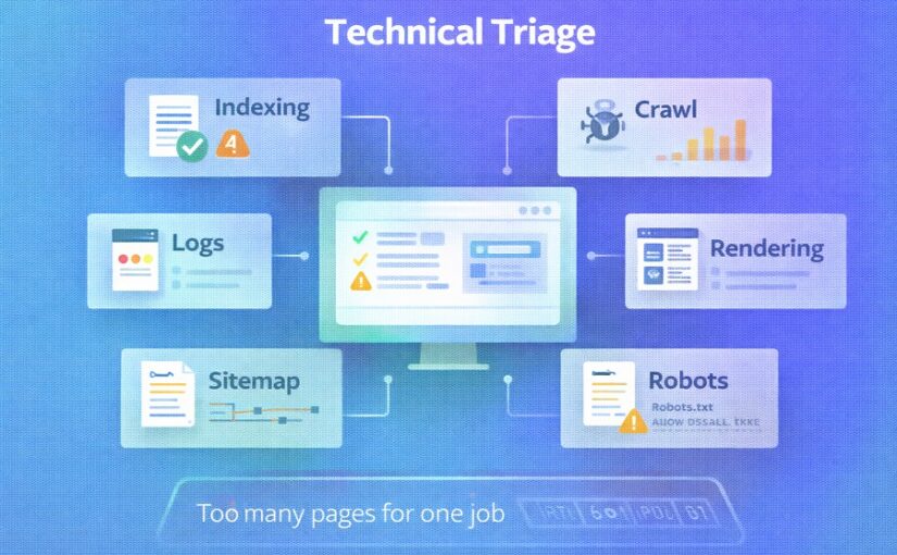 Technical triage identifying crawl, indexing, and site performance issues