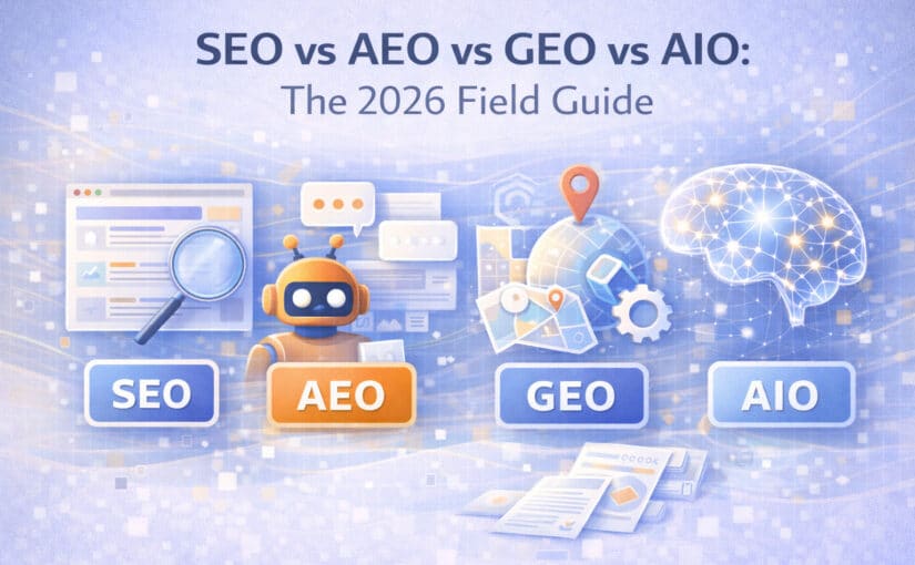 Image: SEO vs GEO vs AEO vs AIO: Same Mission, Different Scoreboards
