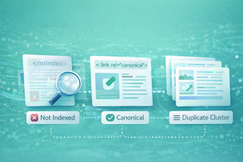 Image: Crawled but Not Indexed: Canonicals, Noindex & Duplicate Clusters