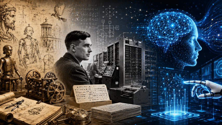 A beginner-friendly look at the early history of artificial intelligence, from ancient dreams of thinking machines to Alan Turing and early computers.