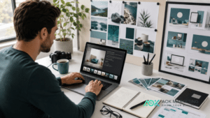 Marketing team reviewing colour palettes, lighting references, compositions, and campaign visuals for a consistent AI image brand style guide.