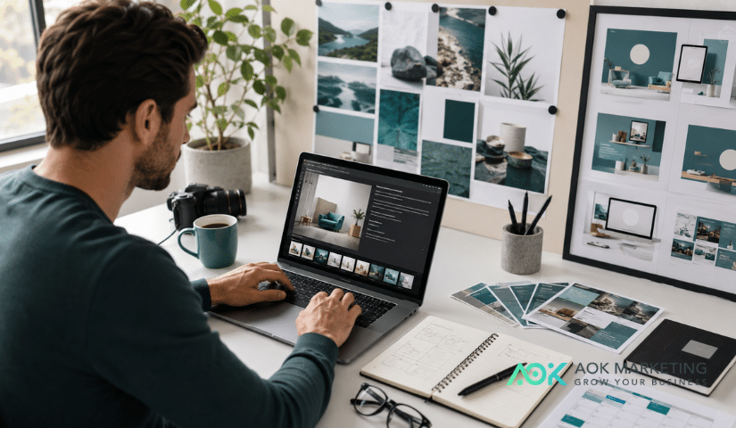Marketing team reviewing colour palettes, lighting references, compositions, and campaign visuals for a consistent AI image brand style guide.