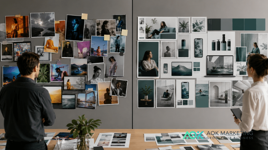 Side-by-side comparison of inconsistent AI marketing images and coordinated brand-consistent visuals using teal, white, and charcoal.